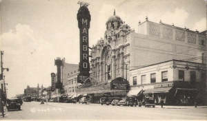 Chicago's long-mourned Marbro Theatre had what is undoubtedly the most ornate exterior of any theatre.  It reminds me of a frosted wedding cake...and dig that massive vertical sign.  That must have been a real challenge to re-lamp when the bulbs in it went out.   A shame that this beauty is lost.